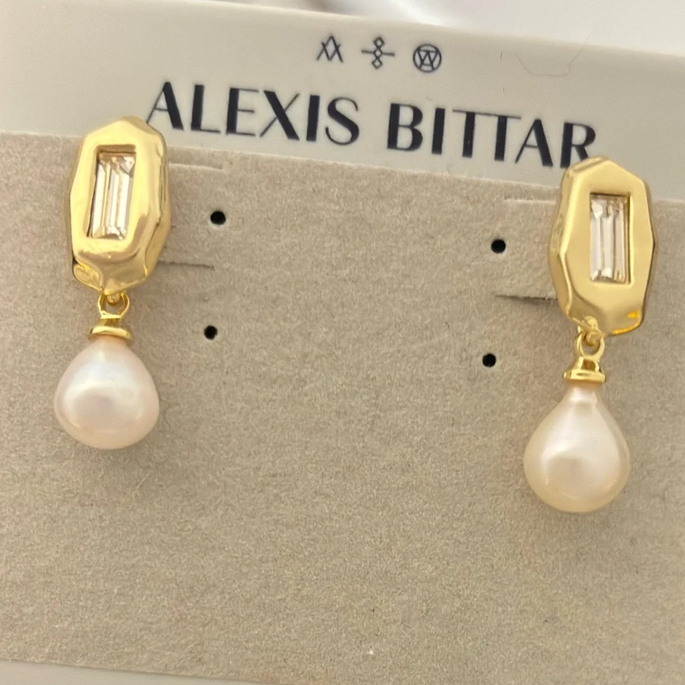 ALEXIS BITTAR • Crystal Freshwater Pearl Drop Gold Earrings
